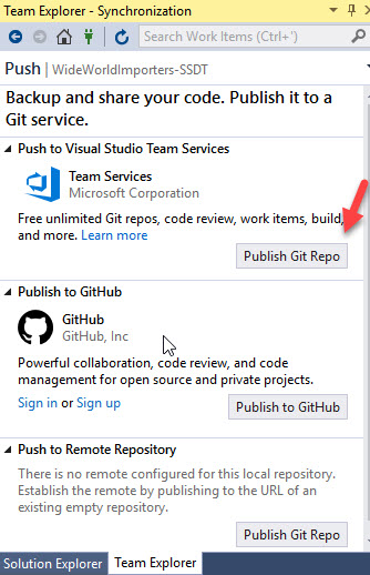 In Team Explorer – Synchronization, under Push to Visual Studio Team Services, a callout points to the Publish Git Repo button.